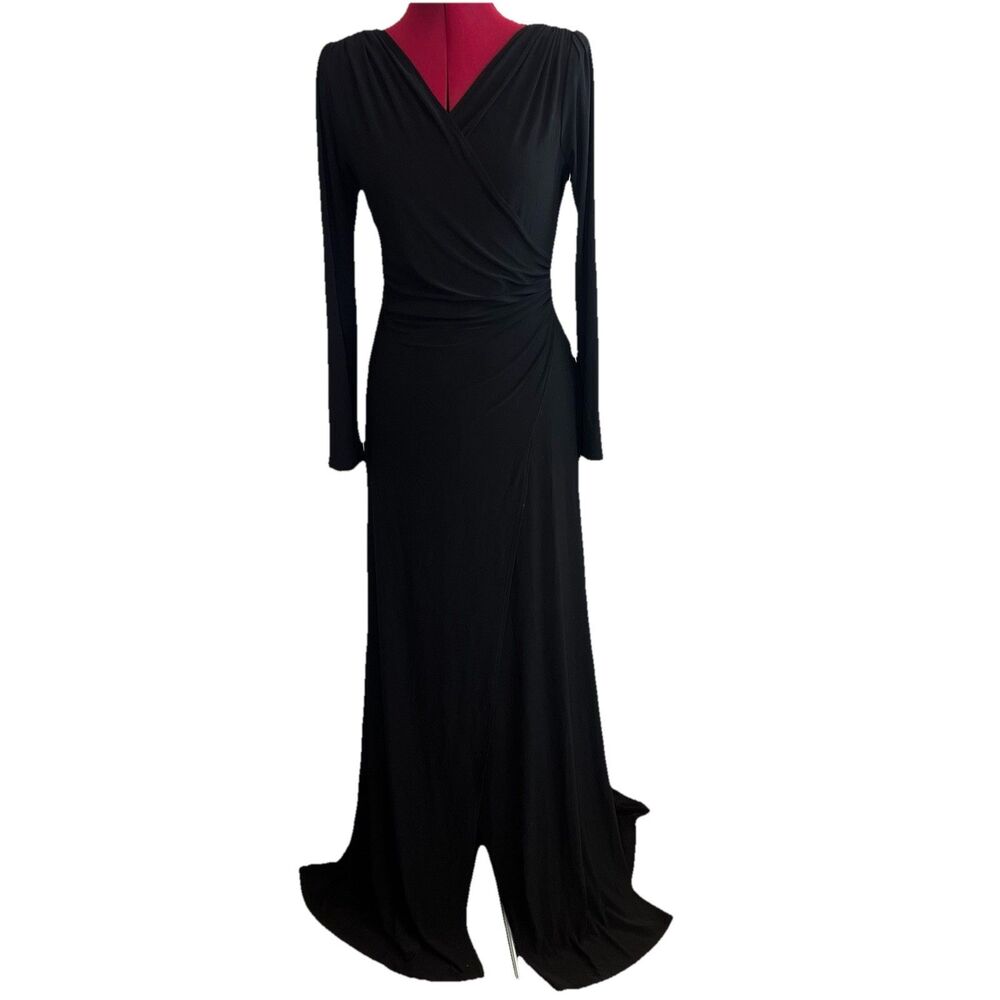 NEW ABS Allen Schwartz Black V Neck Long Sleeve Mermaid Maxi Dress Sz S USA Made